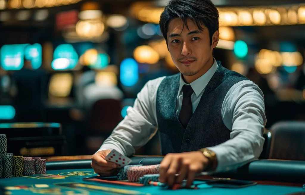 Professional player in formal attire at a green baccarat table holding playing cards with casino chips and a softly lit casino floor in the background