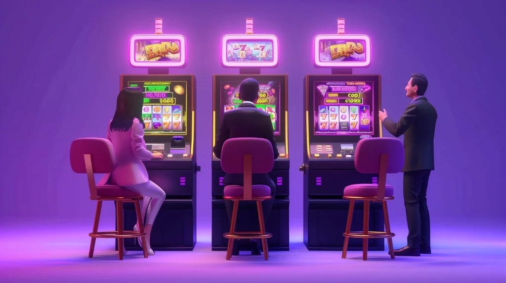 Istilong 3D na casino na may tatlong slot machine at mga manlalaro sa ilalim ng purple at pink na neon — larawan sa gabay ng mga game provider ng PH365